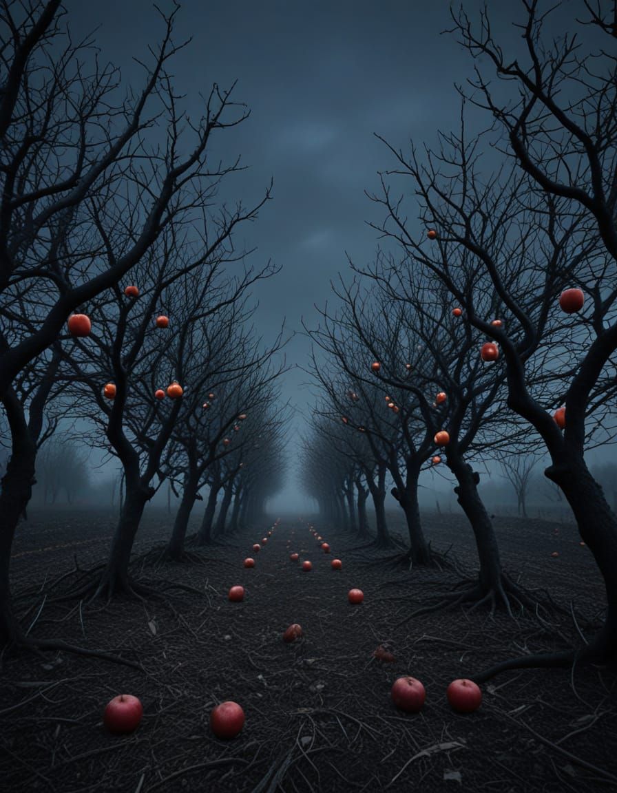 Uncanny Apple Orchard with Watching Eyes