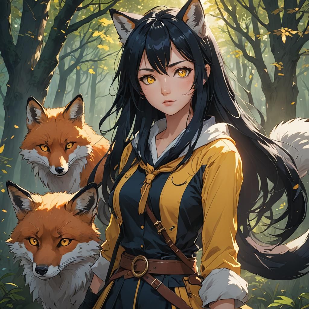 Anime Girl with Fox in Cel-Shaded Manga Style