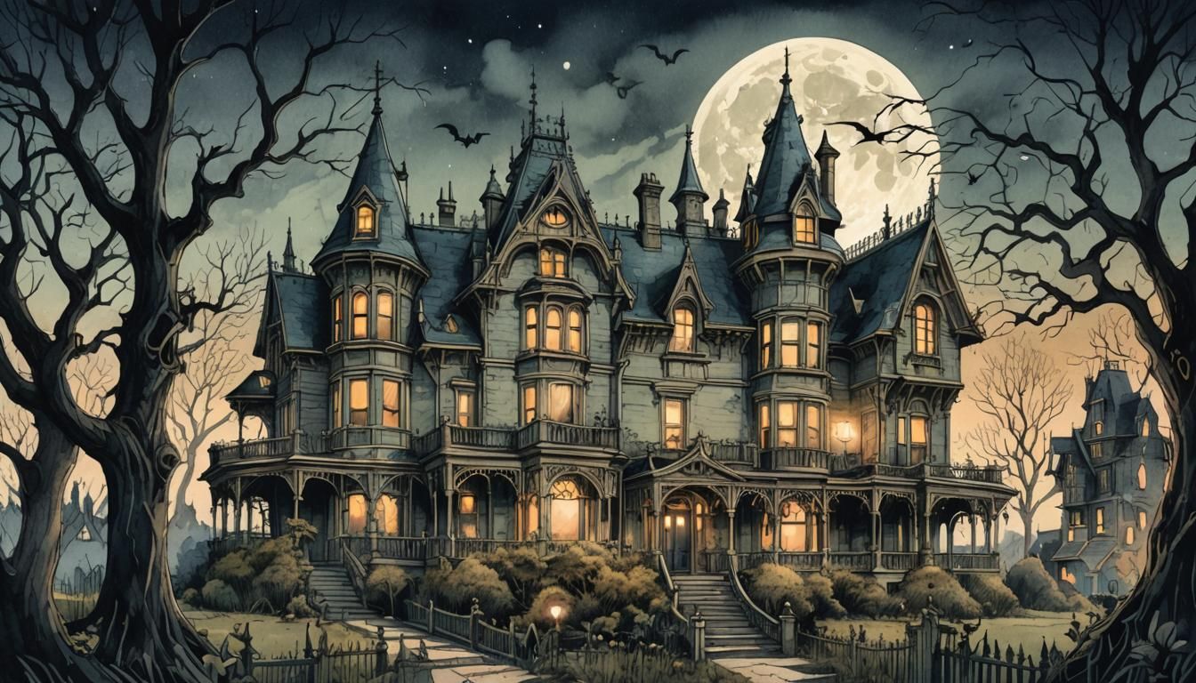 Spooky Victorian House Illustration with Watercolor Textures