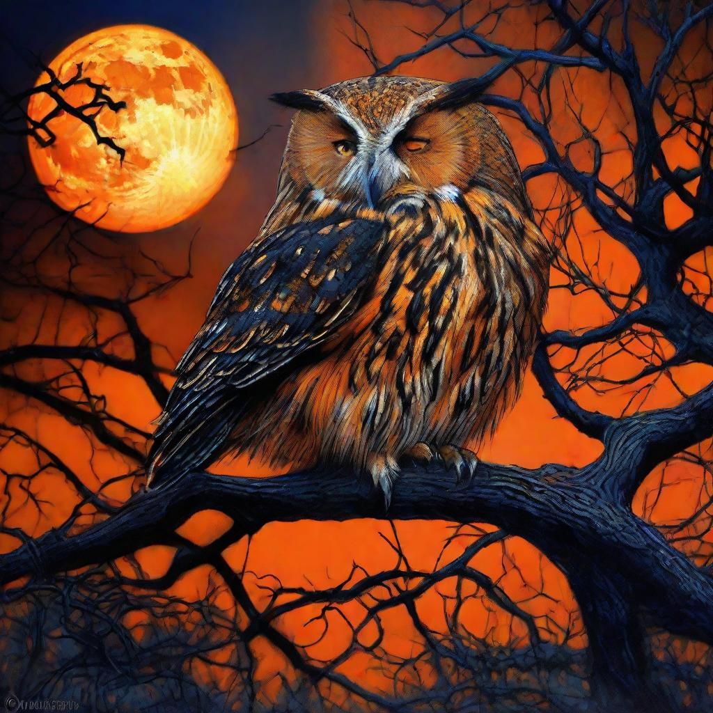 Owl and Halloween Moon in Gothic Neo-Impressionism Style