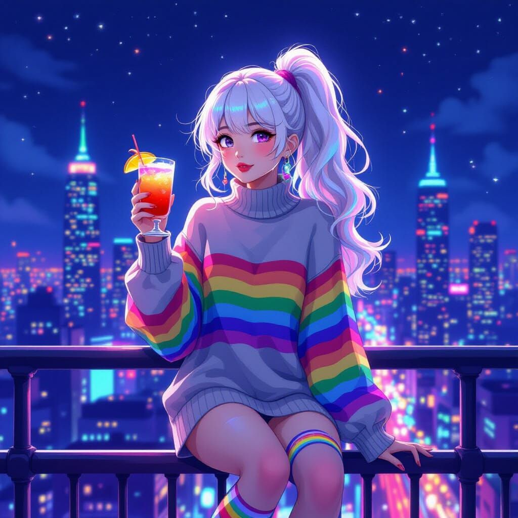 Woman Overlooking Rainbow City Nightscape in Anime Style