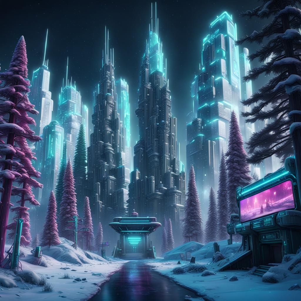 Cyberpunk Neon Palace Under Frozen Snow: 8K Art