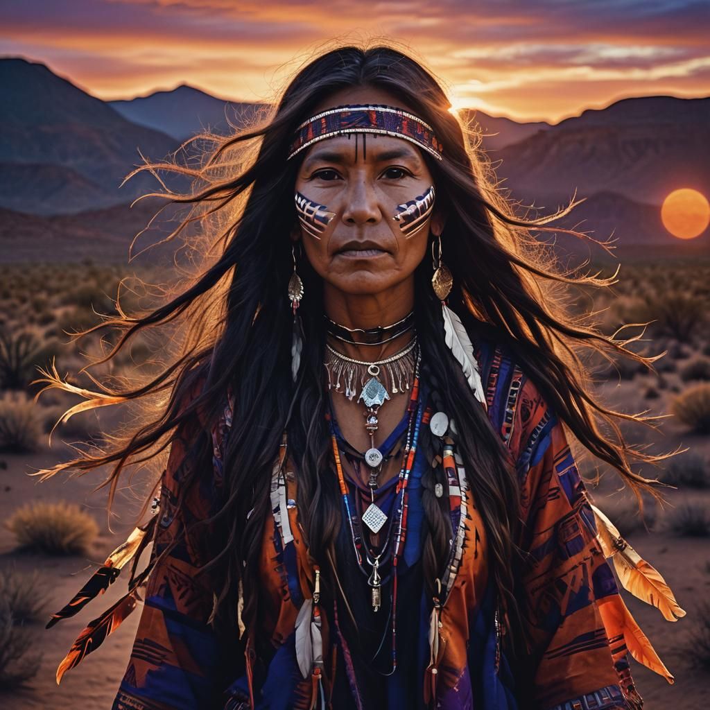 Native American Woman Portrait with Sunset, in Digital Art S...