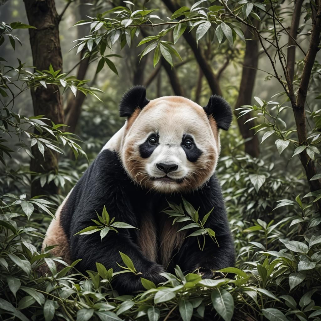 Hyperrealistic Panda Bear Eating Leaves