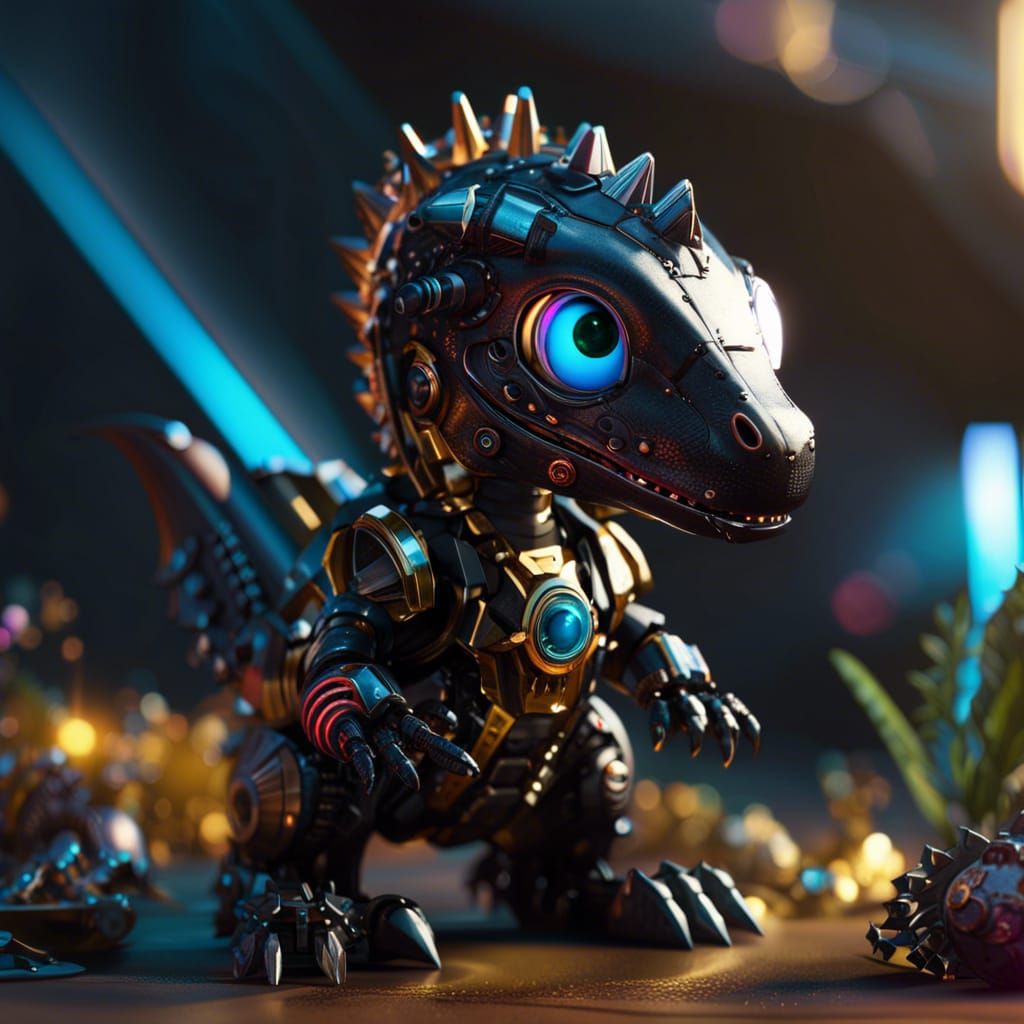 Cyberpunk Chibi Dinosaur with Mechanical Parts in Baroque St...