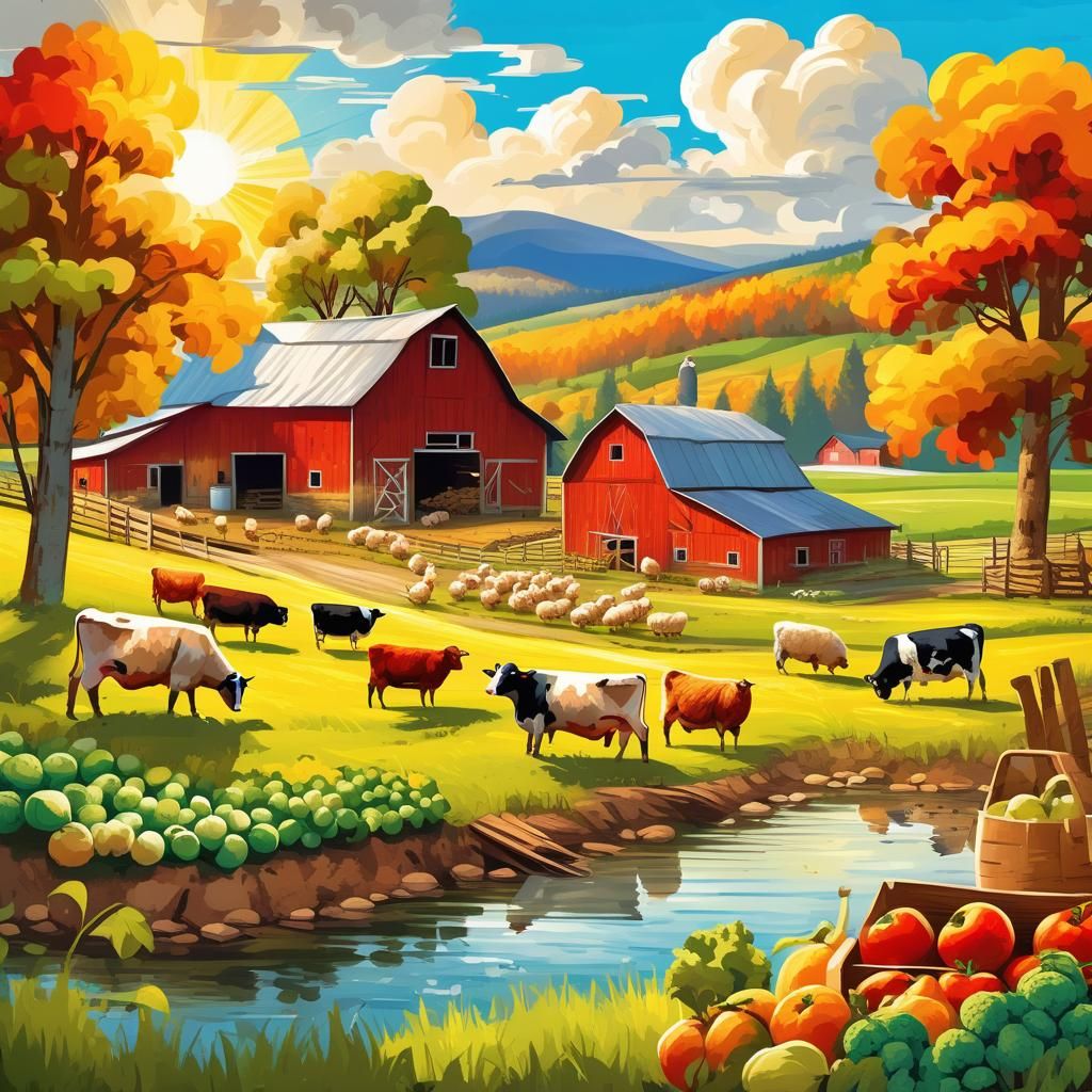 Charming Rustic Farm Scene with Animals