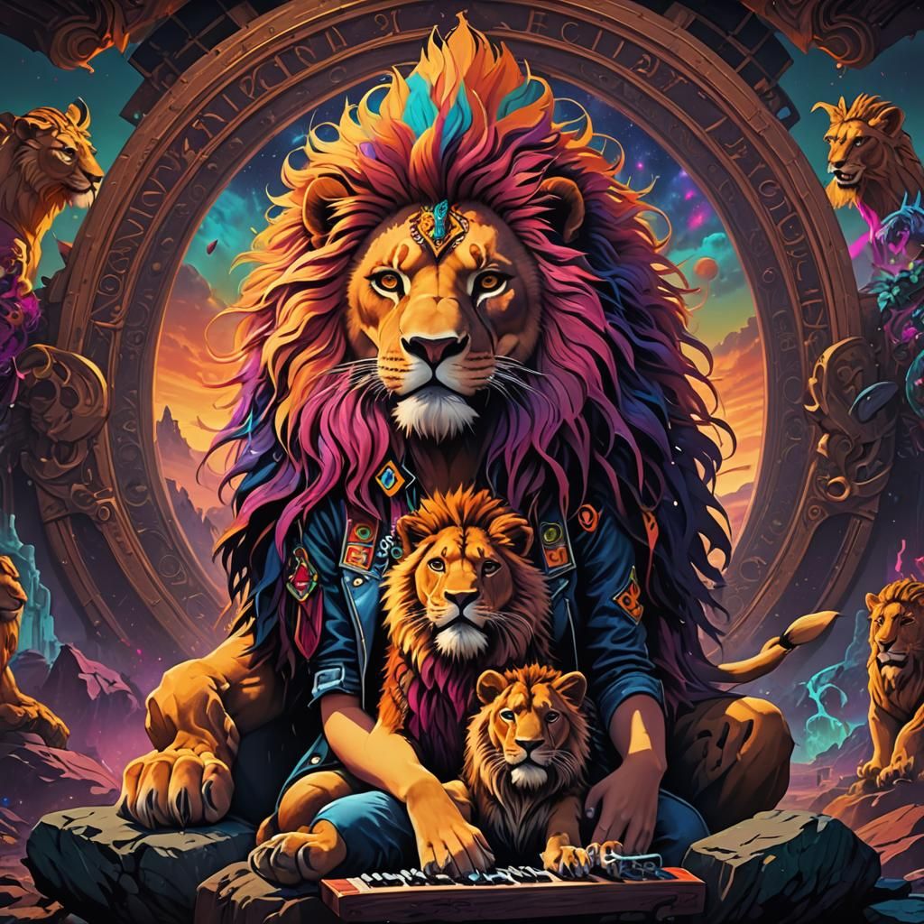 Psychedelic Rock Band Logo with Girl and Lion