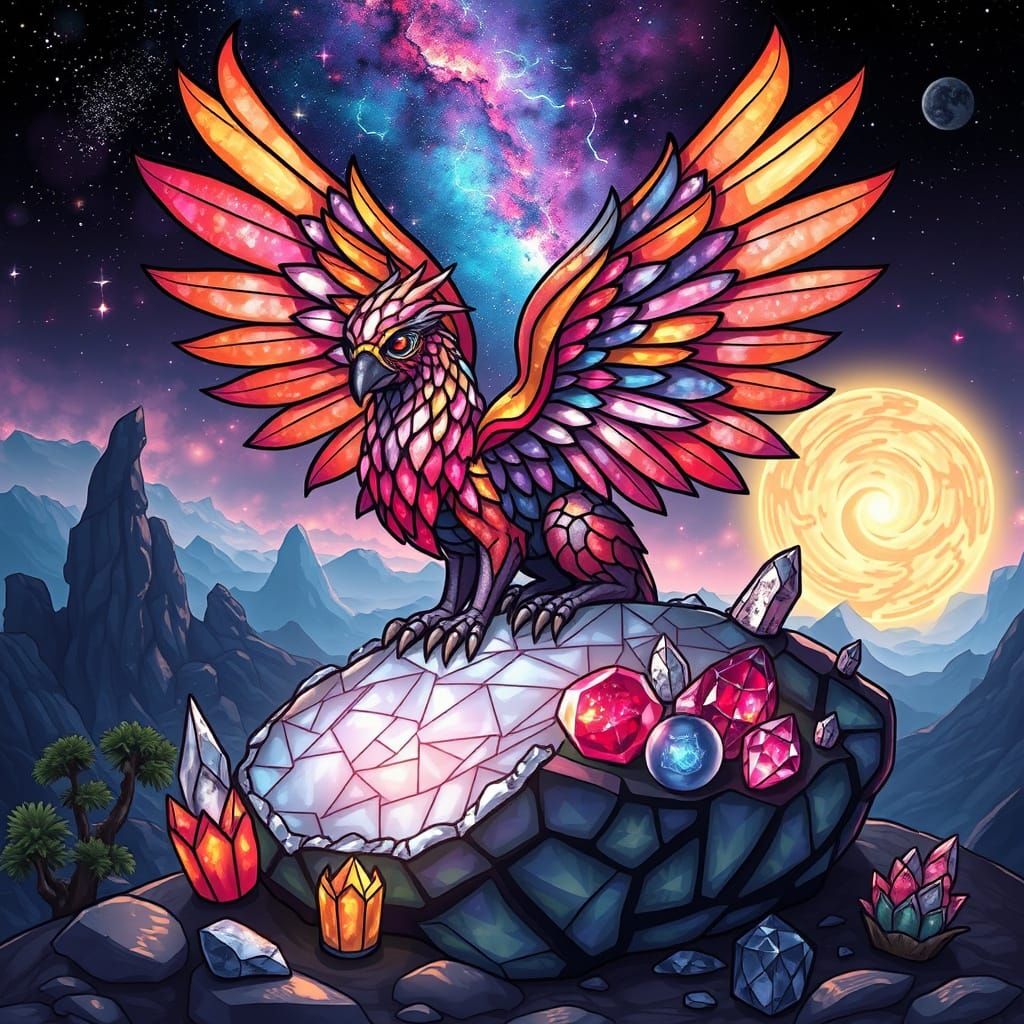 Stained Glass Griffin on Geode in Kawaii Style