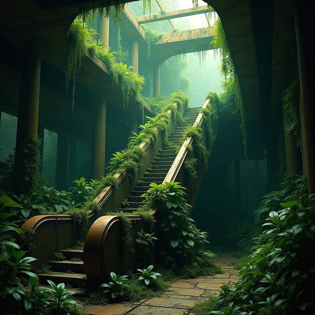 Overgrown Escalator: Nature Reclaims Abandoned Structure