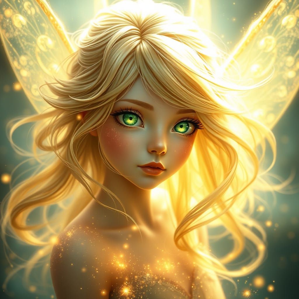 Ethereal Pixie Fairy Radiates Golden Glow in Whimsical Fanta...