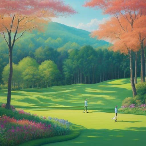 Dreamy Impressionist Golf Course Landscape with Whimsical De...