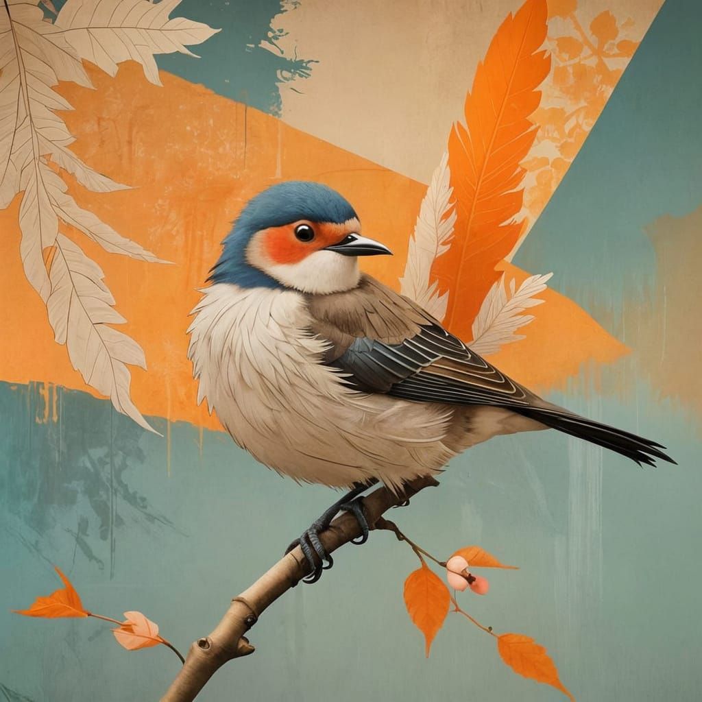 Textured Collage Bird with Asian Street Art Style