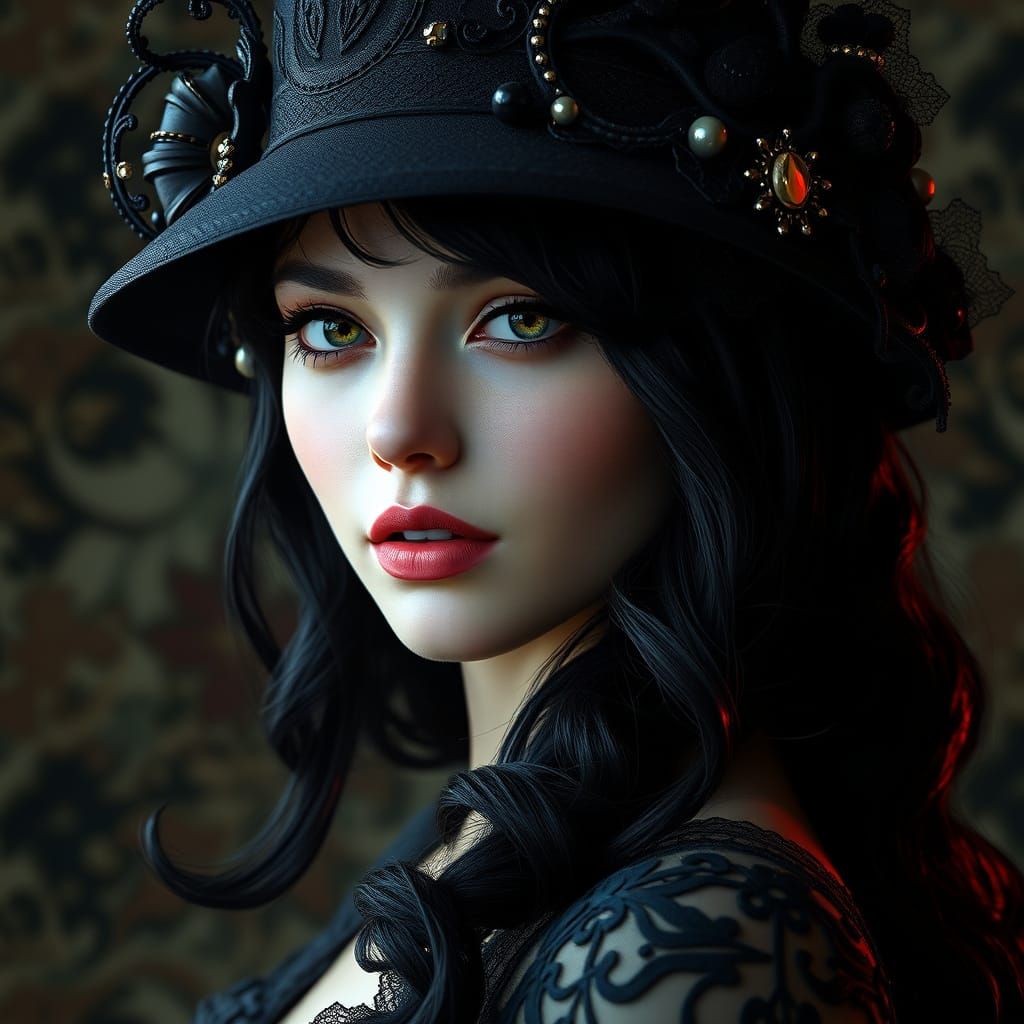 Elegant Woman in Art Nouveau-Inspired Black Hat