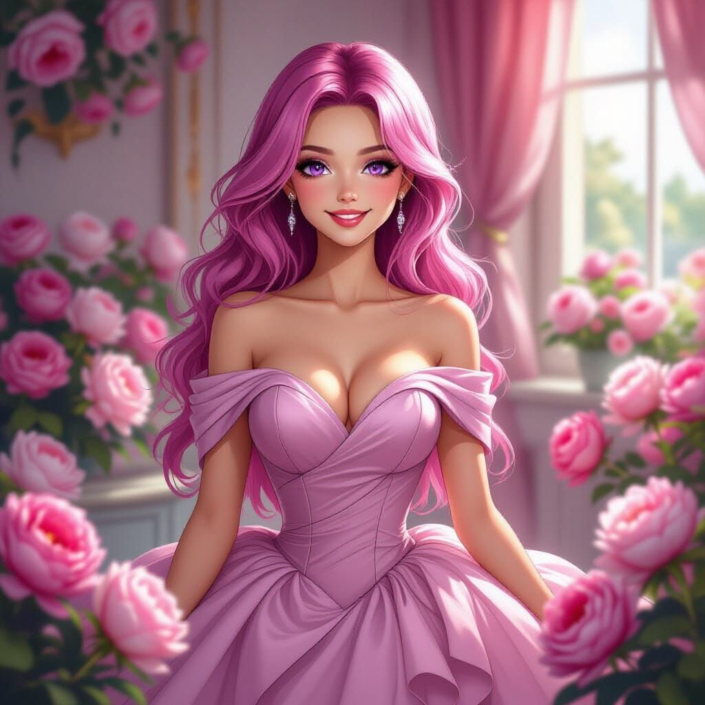 Pink Haired Woman in Peony Filled Room