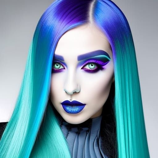 Ethereal gothic young lady with long flowing Electric blue h...