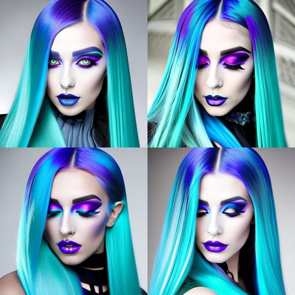 Ethereal gothic young lady with long flowing Electric blue h...