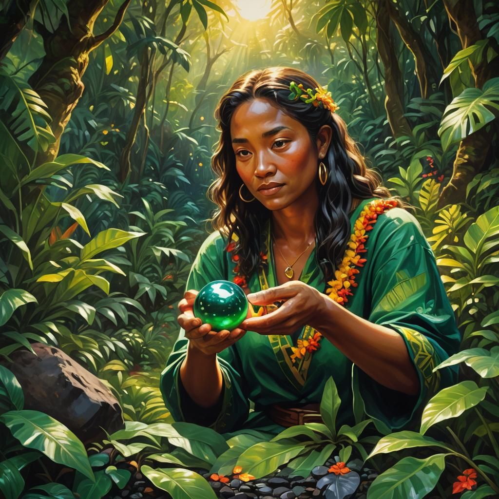 Woman with Pele's Healing Pebble: Vibrant Oil Painting