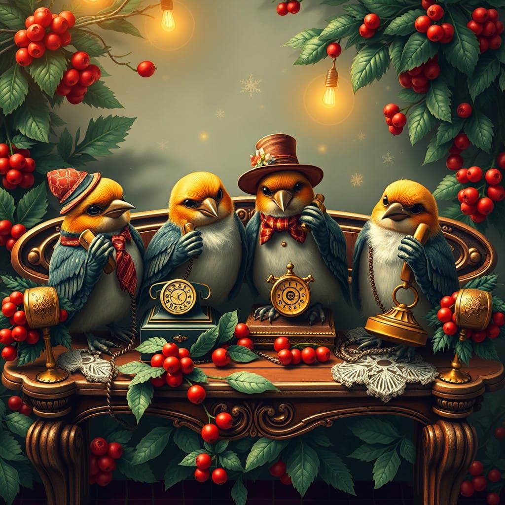 Vintage Birds Enjoying Merry Christmas Telephone Calls in Wh...