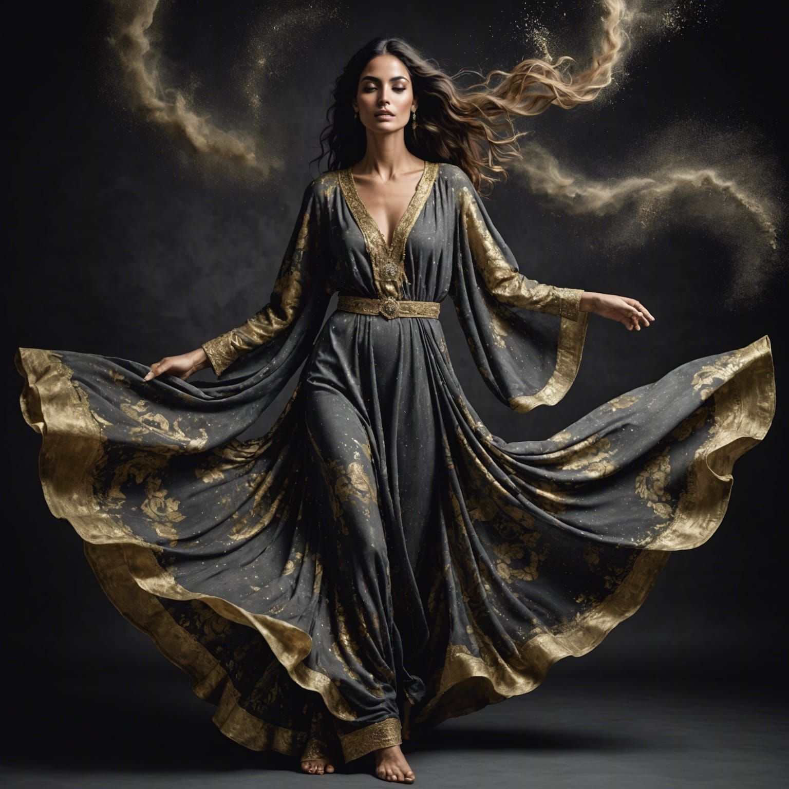 A beautiful tall skinny Tunisian woman, detailed face, photo style full body in an elegant, dynamic elegant pose with a ...