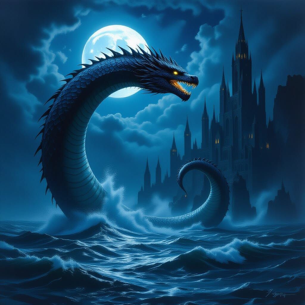 Colossal Bioluminescent Sea Serpent Emerges from Gothic Dept...