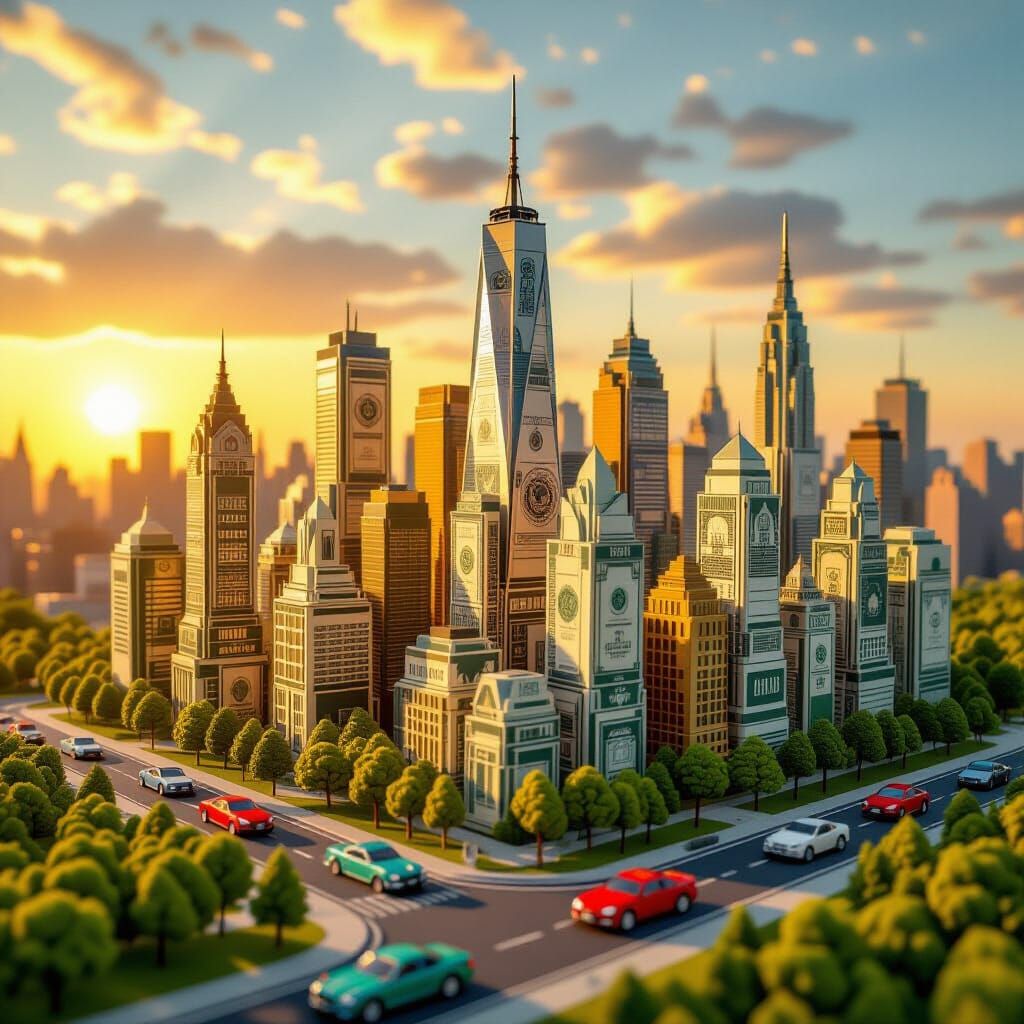 Origami Cityscape Made of Dollar Bills at Sunset