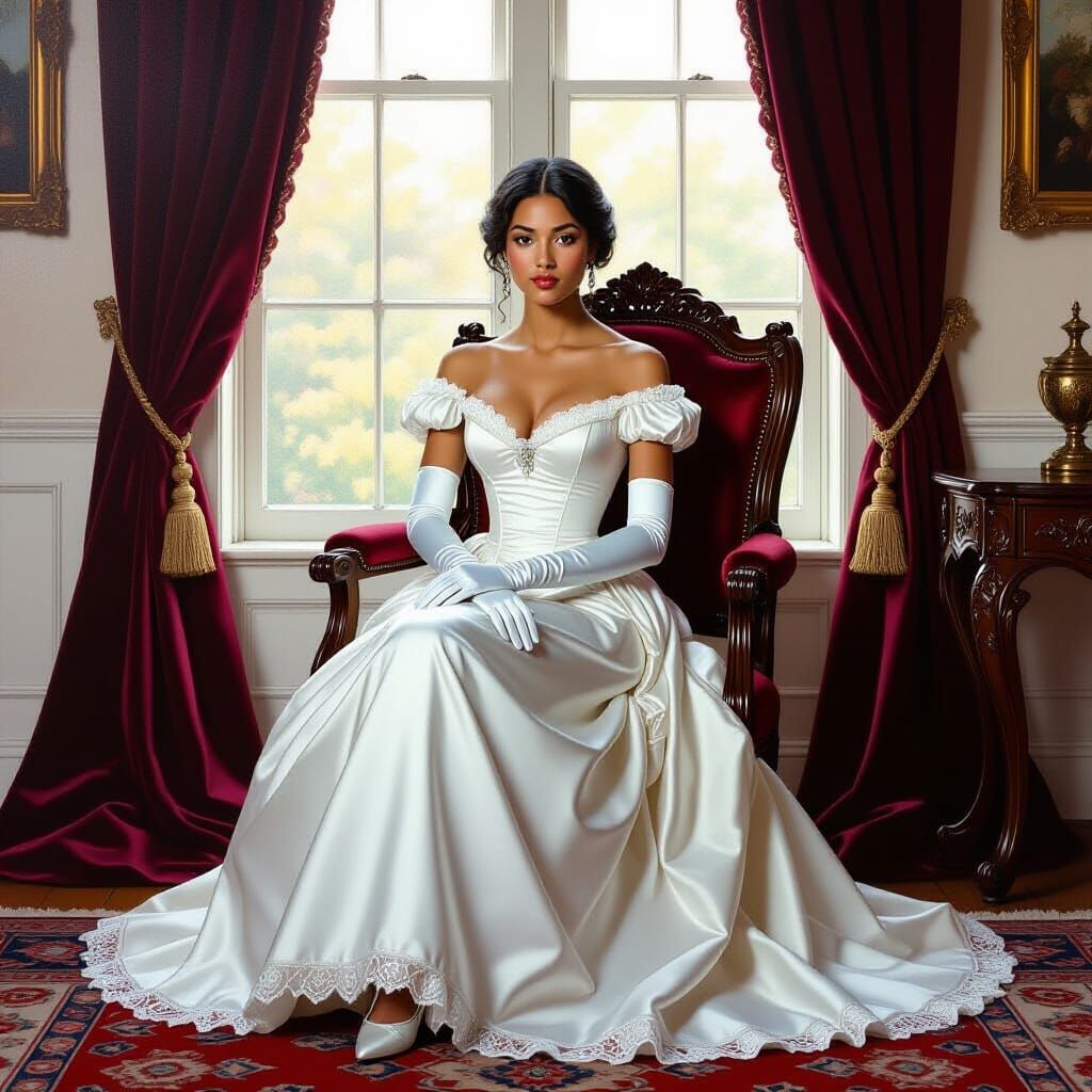 Victorian Woman in Elegant Gown Seated in Ornate Parlor