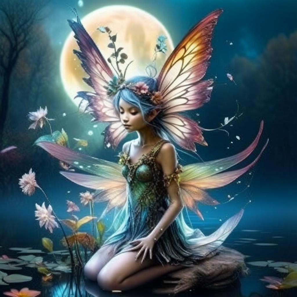 Bioluminescent Fairy Dances on Autumn Pond in Digital Art