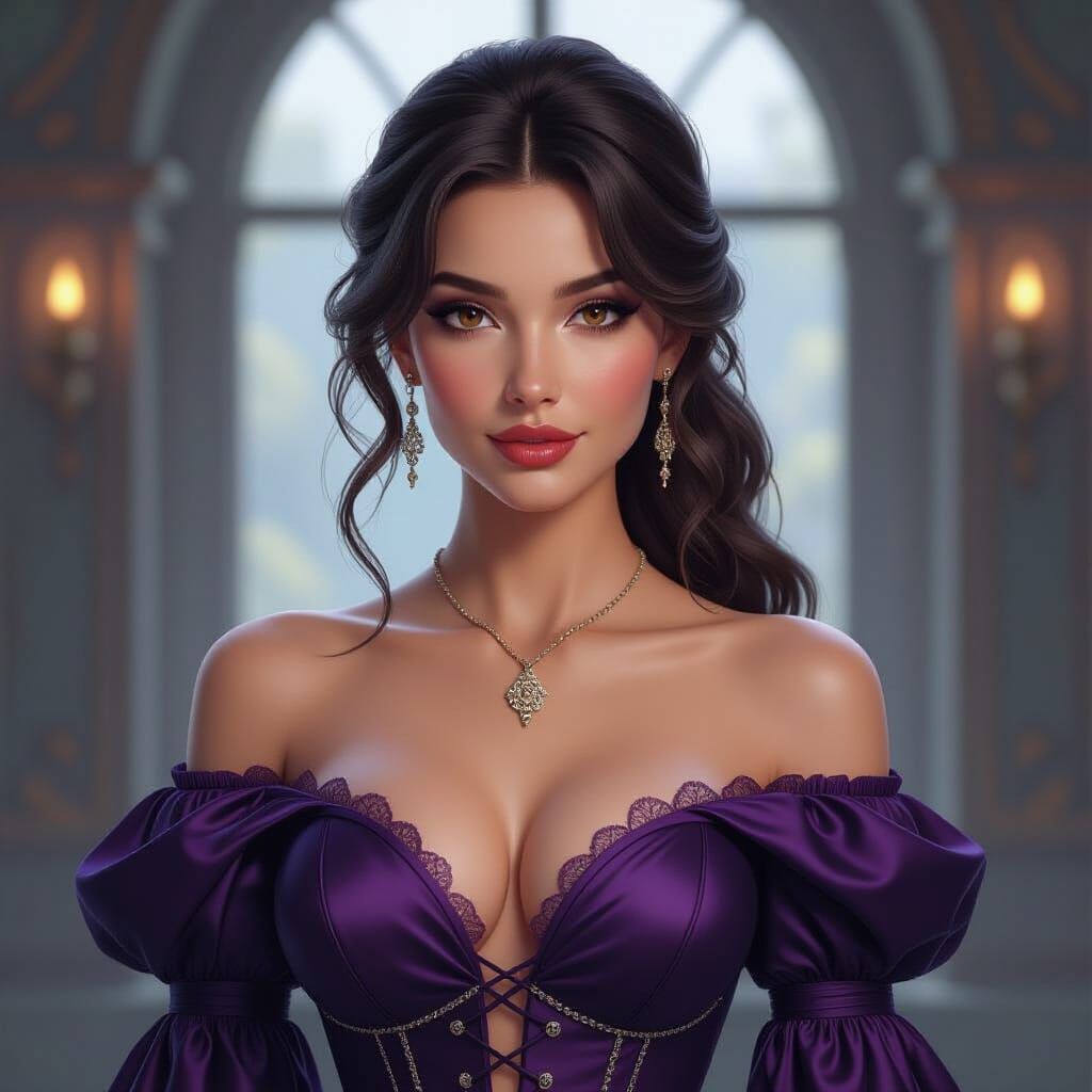 Woman in Plum Purple Dress with Silver Corset
