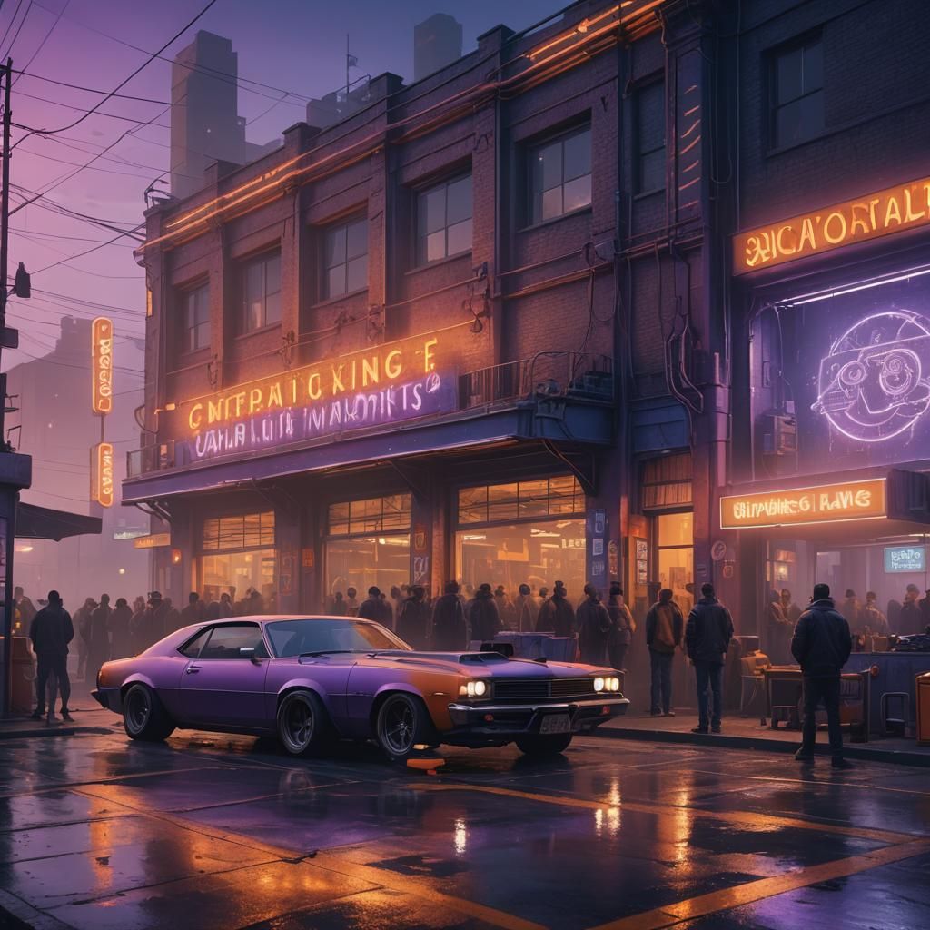 Mysterious Car Workshop at Dusk: A Matte Painting