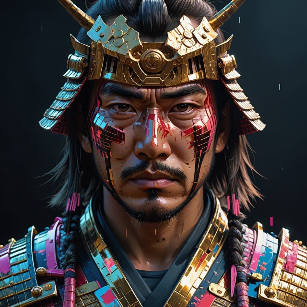 Glitch Art Samurai Portrait in Hyperrealistic Style
