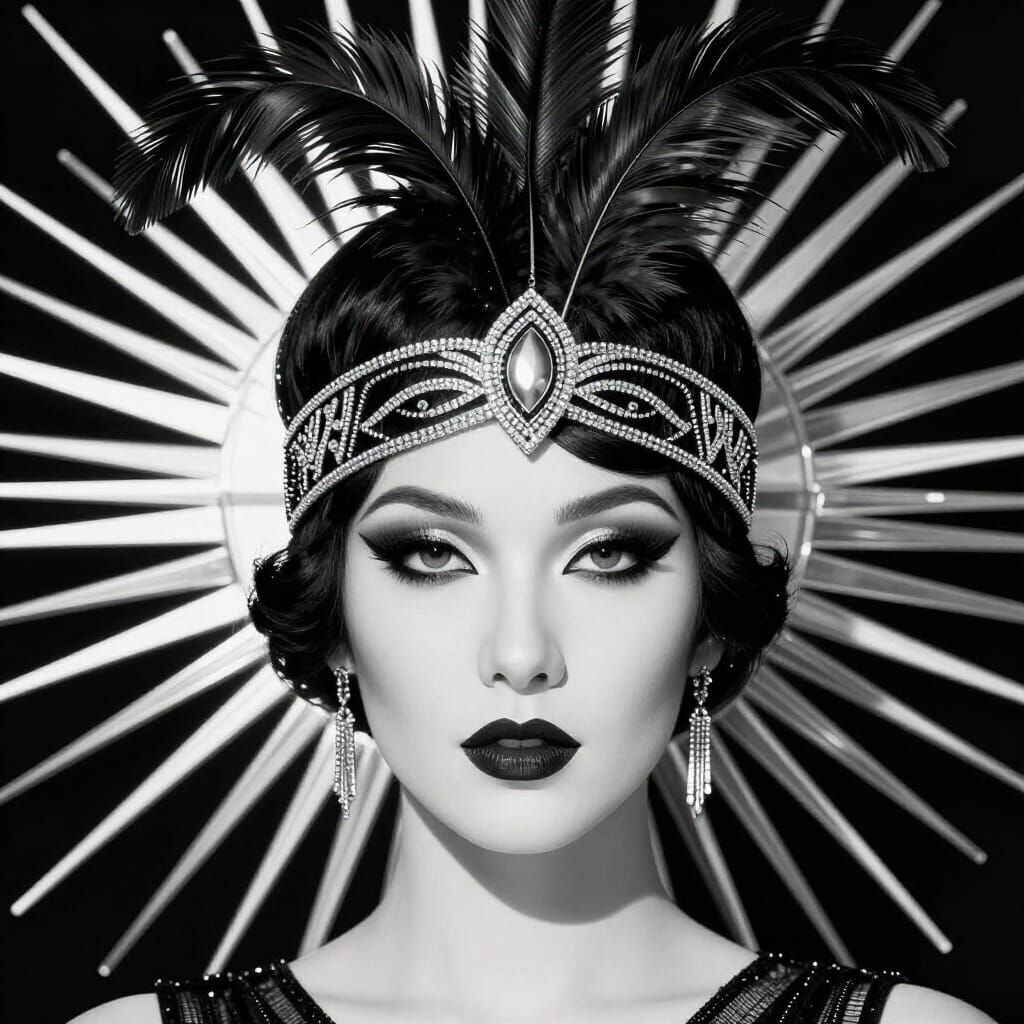 Art Deco Flapper Portrait with Silver Feather Headband