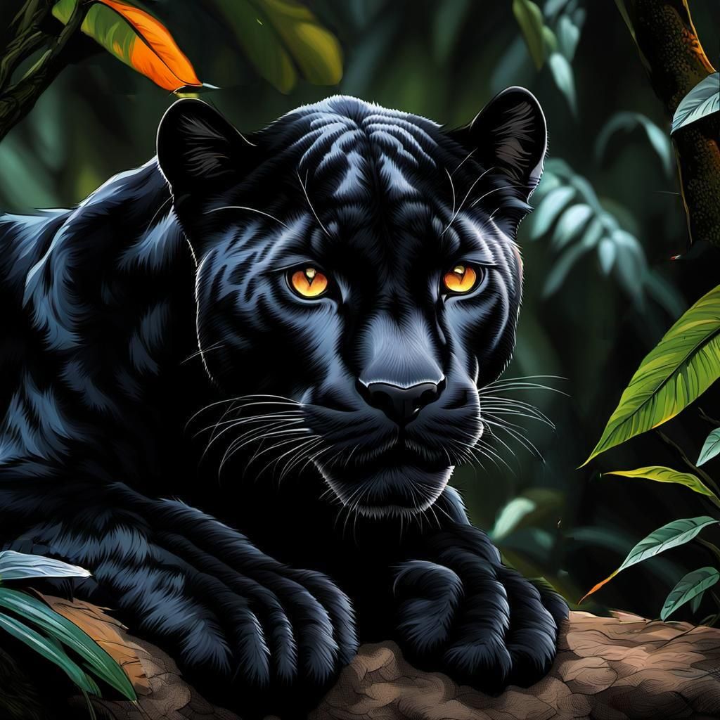 Black Panther in Dark Jungle, Gouache Impressionist Style