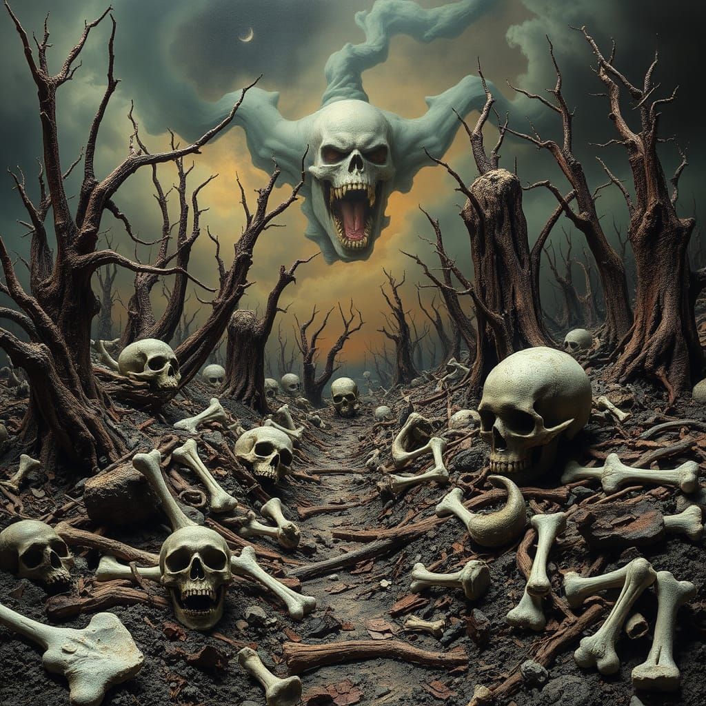 Surreal Horror Landscape of Decay and Bones