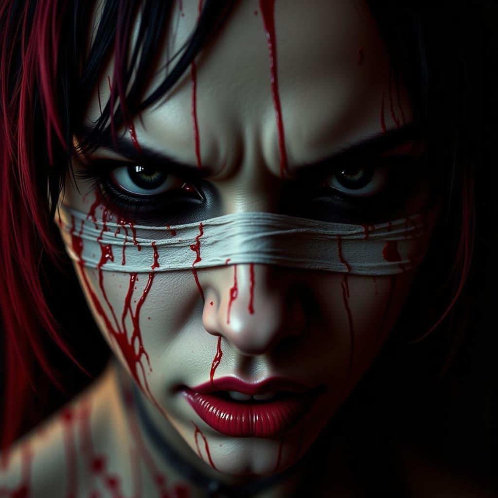 Woman with Bloody Bandages: A Macabre Portrait