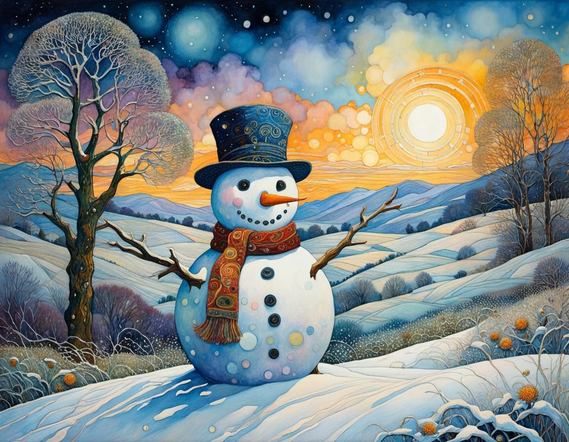 Winter Snowman in Serene Meadow Landscape