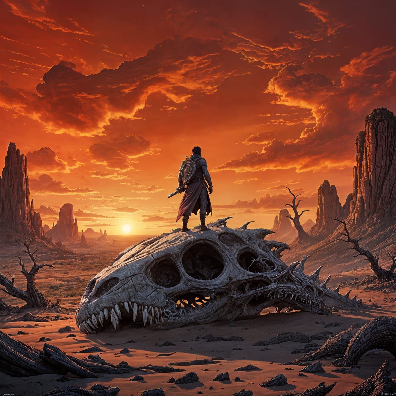 Wanderer on Dragon Skull in Wasteland, Dark Fantasy Art