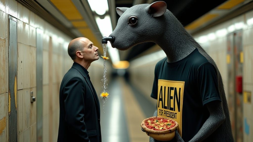 Surreal NYC Subway Scene with Man and Rat