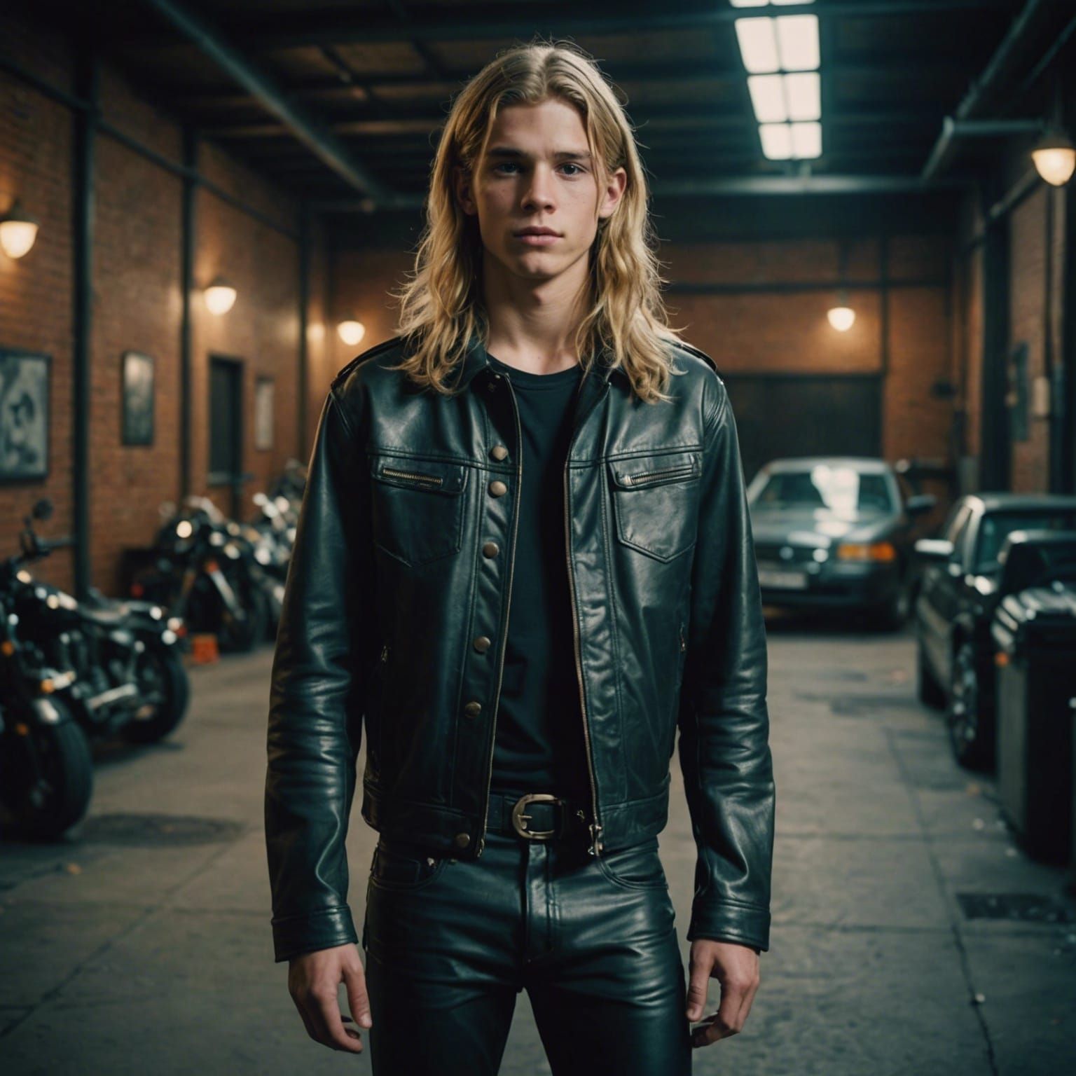 Teenage Boy in Leather Pants: Cinematic Film Still