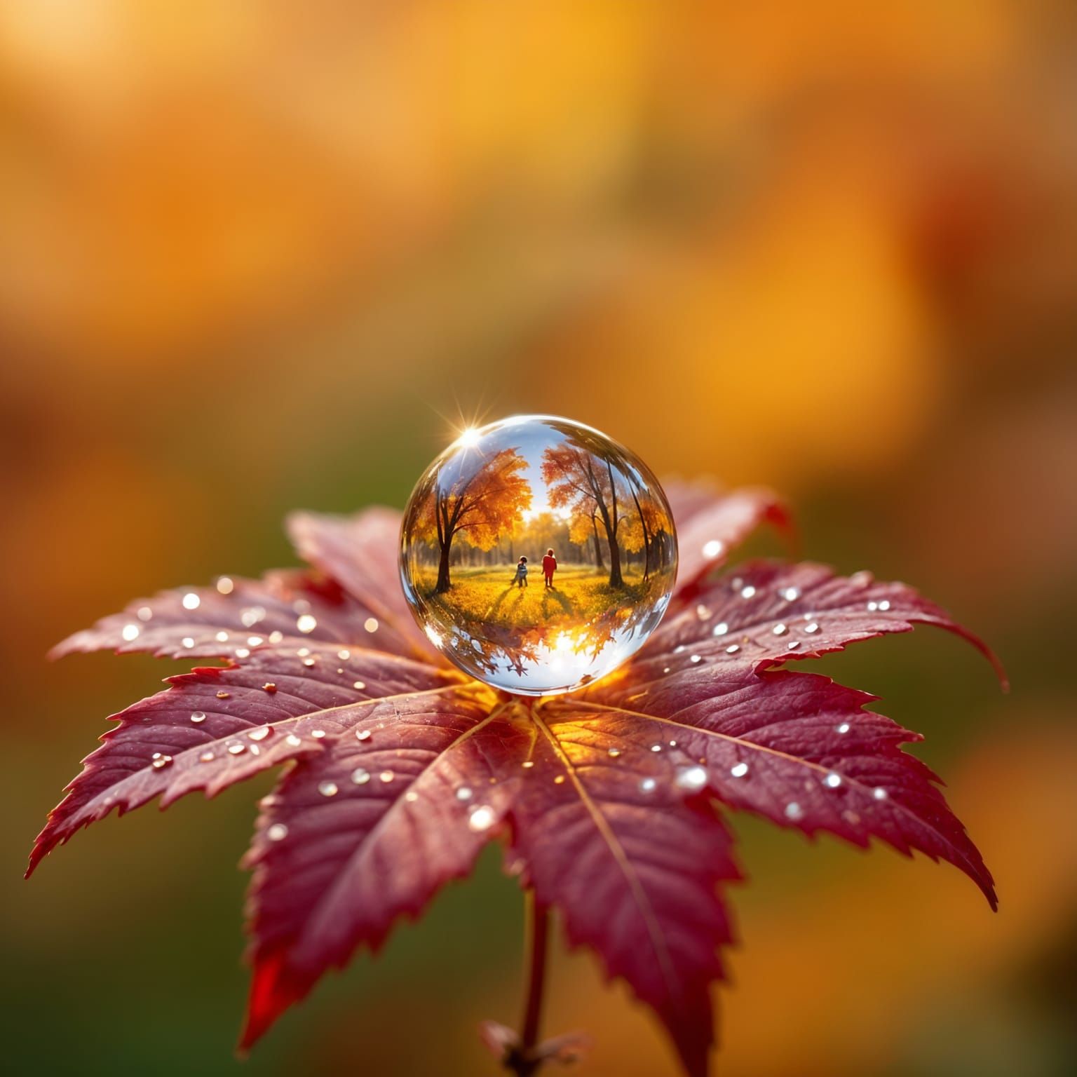 Macro Autumn Leaf with Dewdrop Reflecting Harvest Scene