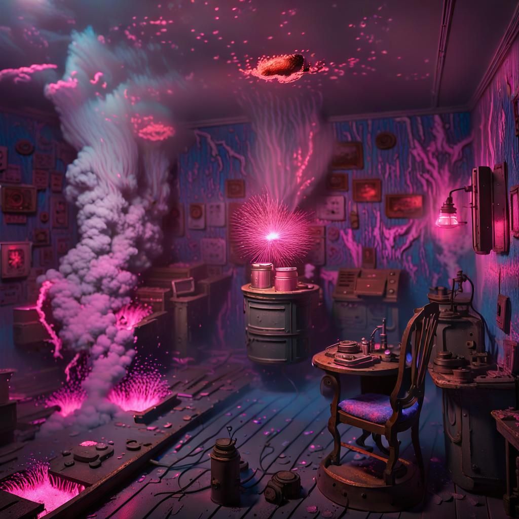 Chaotic Explosion with Neon Lights in Decayed Room