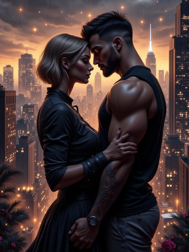 Dark Fantasy Couple Embracing Under NYC Skyline