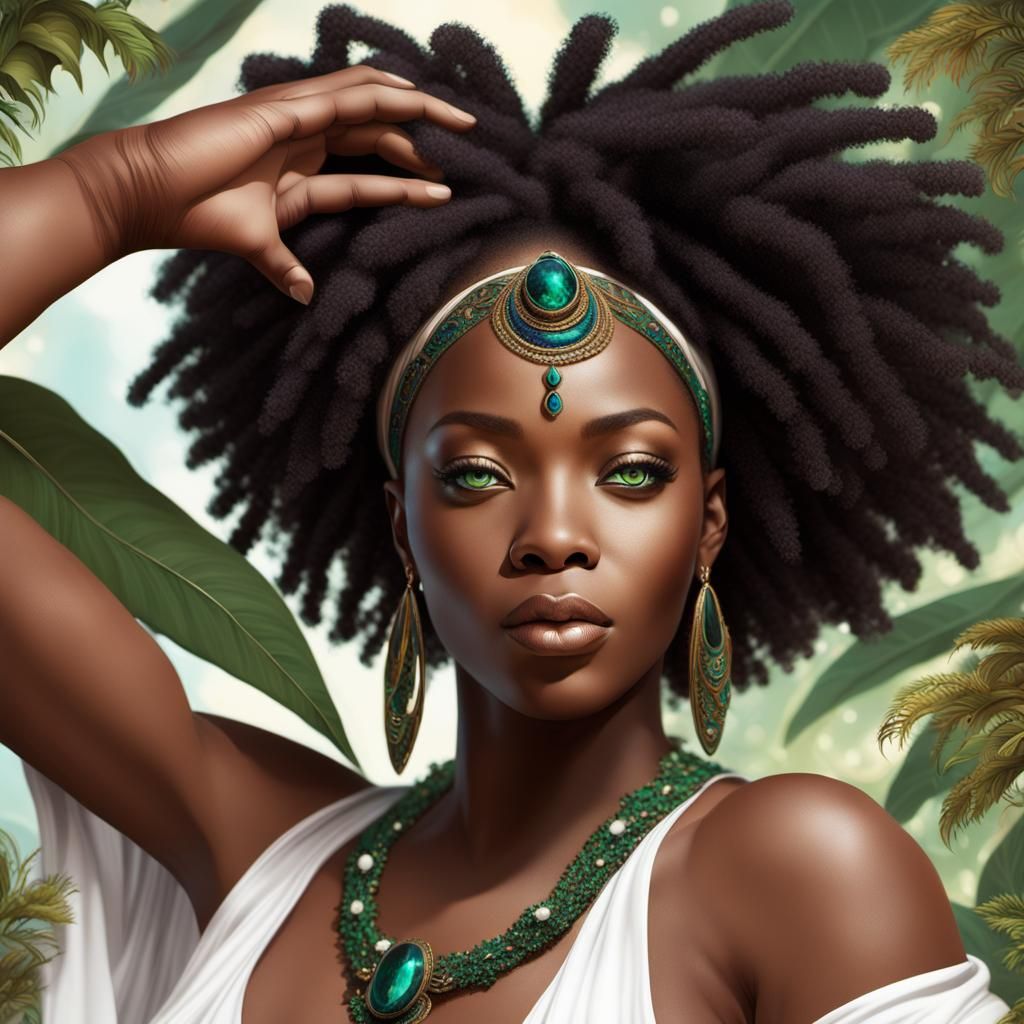 Afrofuturism Goddess in Emerald Greenery