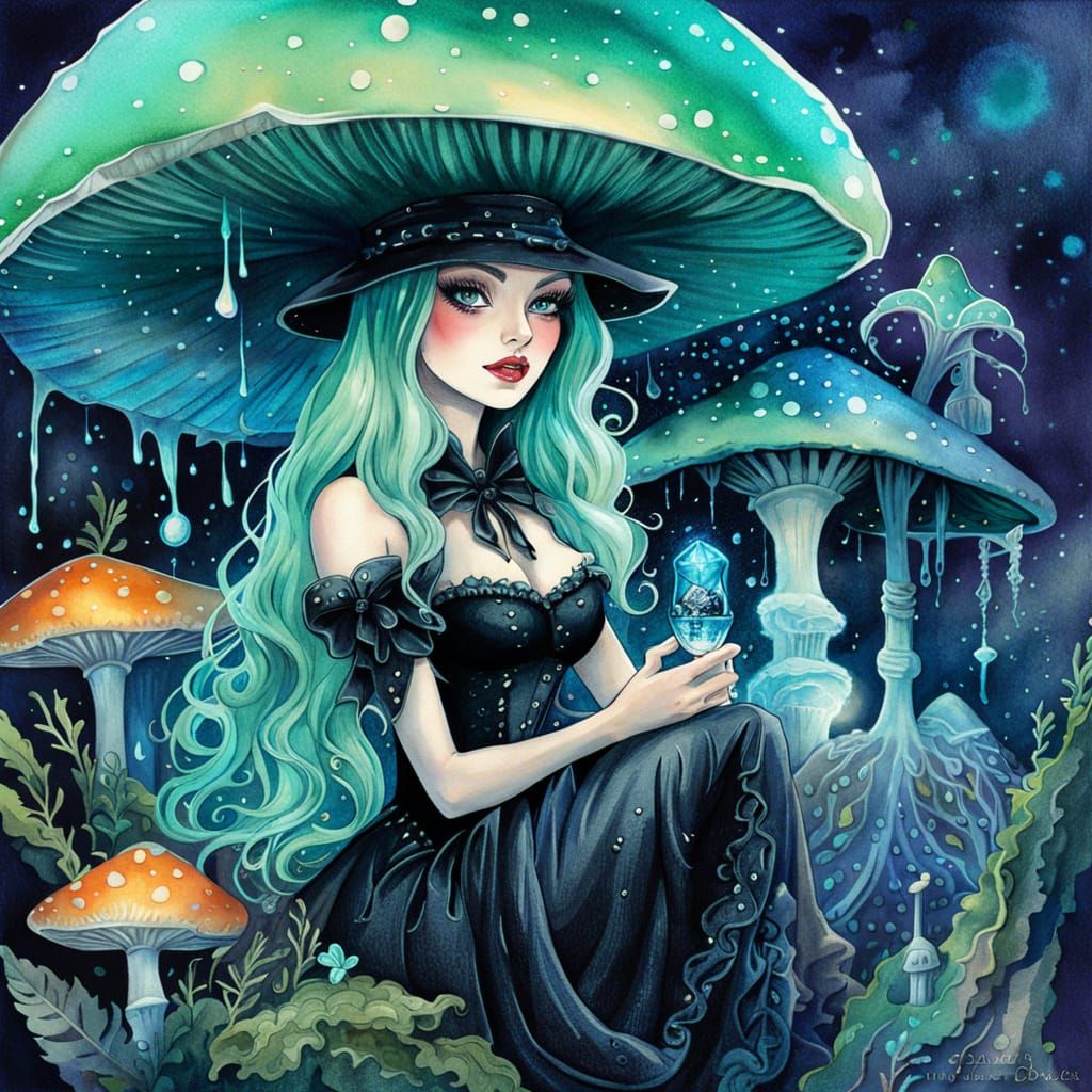 Cute Witch Mixologist in Bioluminescent Mushroom House