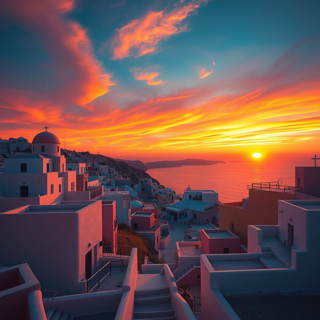 Santorini Sunrise Dreamscape in Detailed Matte Painting