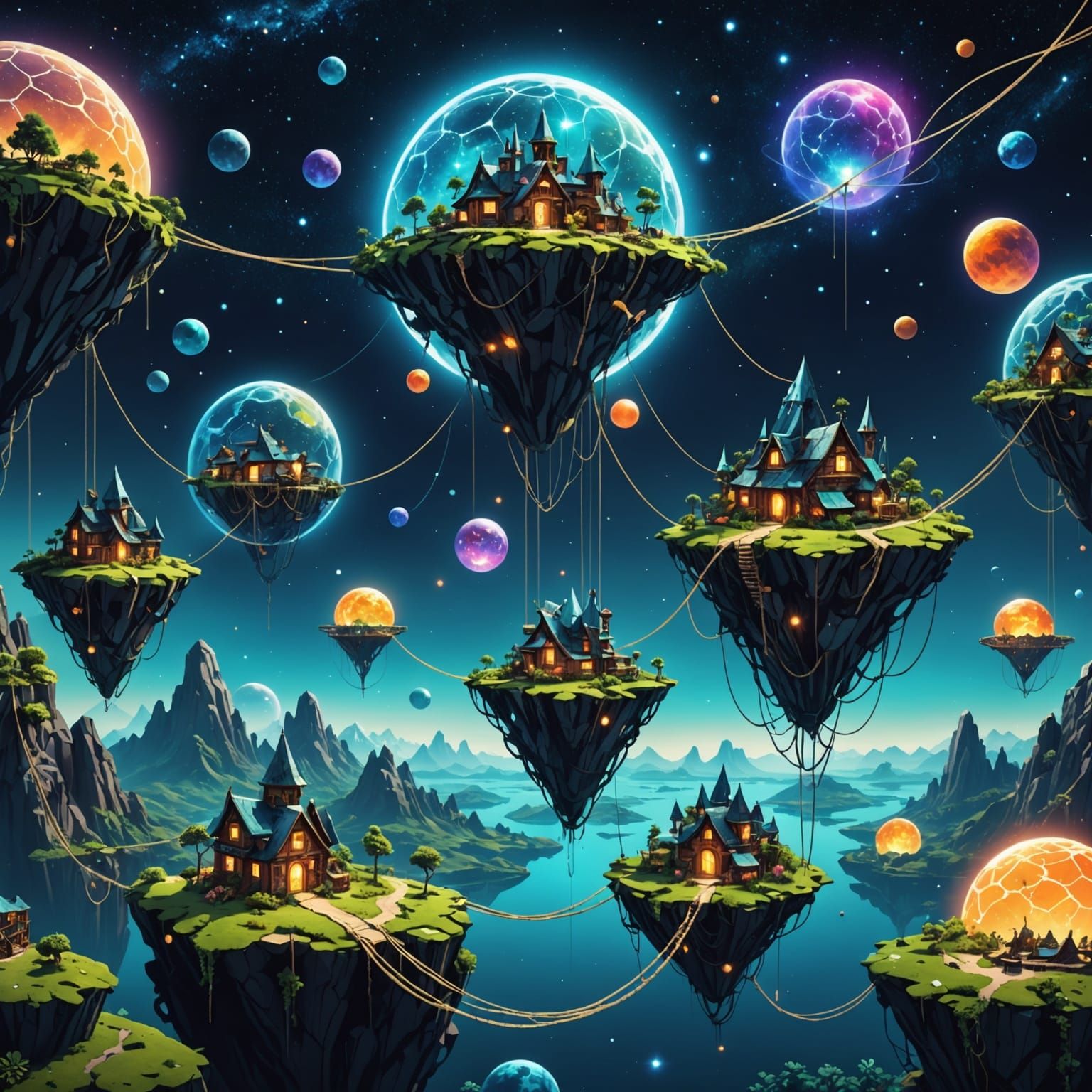 Floating Islands in Space Connected by Rope Bridges