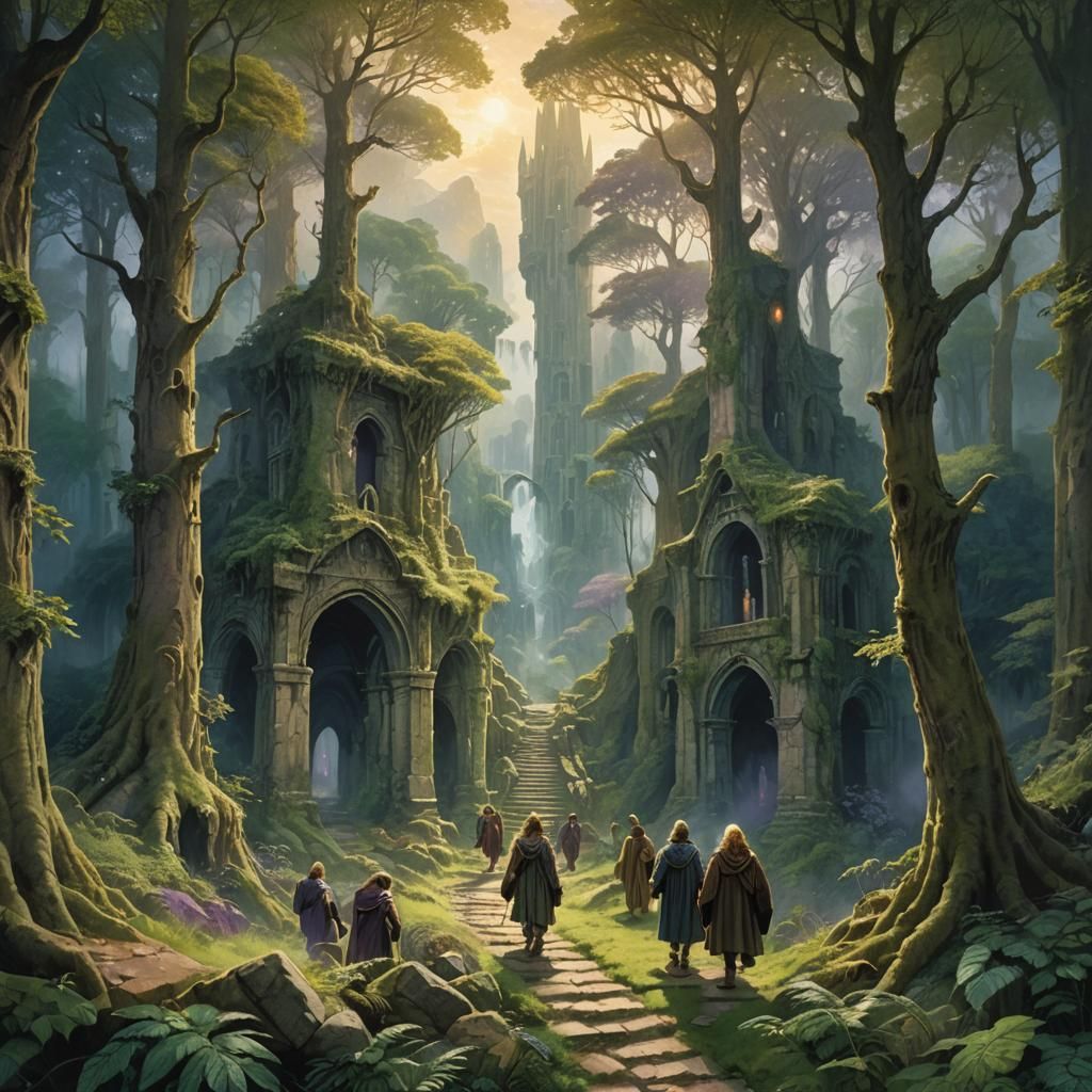 Fellowship of the Ring in Lush Fantasy Forest