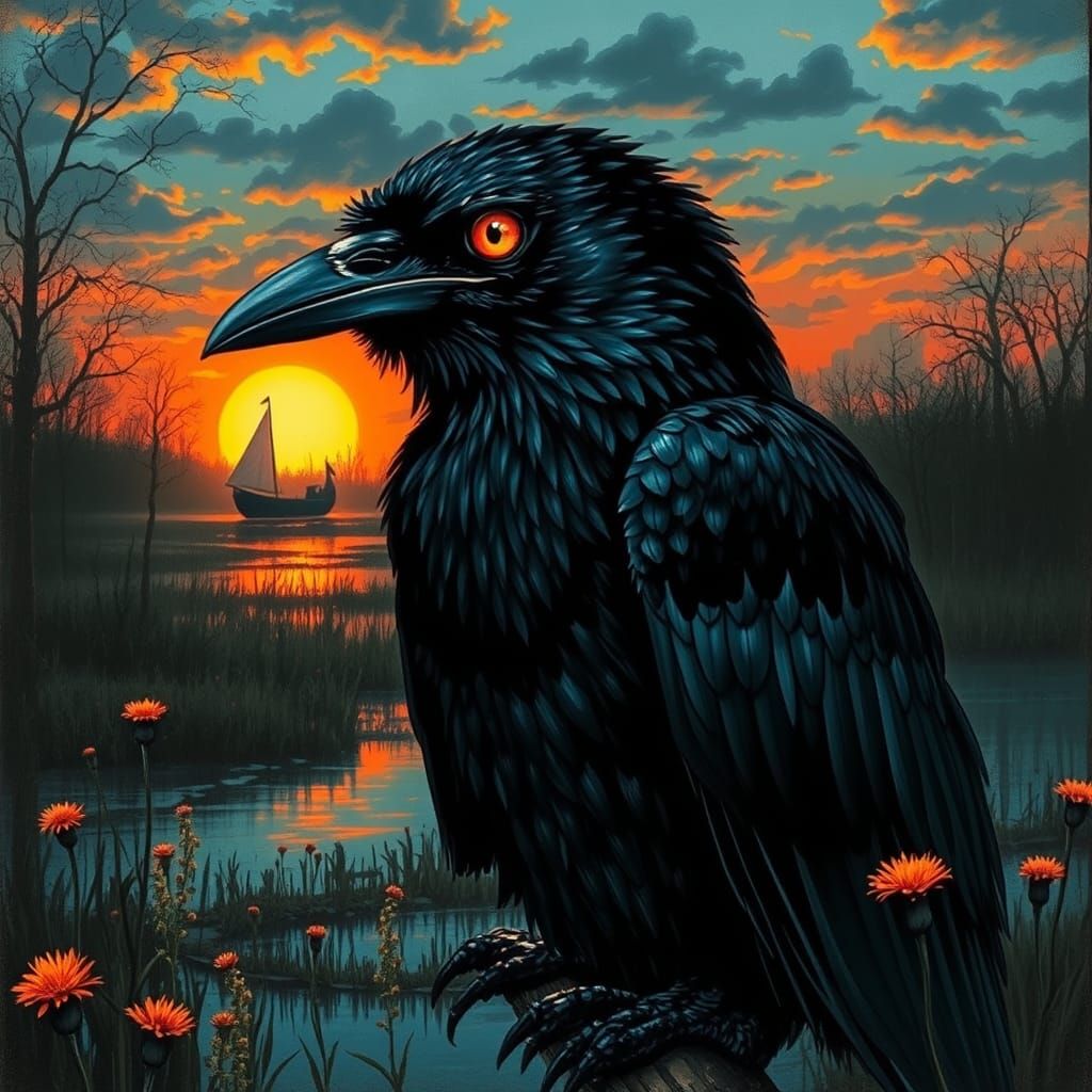 Raven on Swamp River, Color Print Art