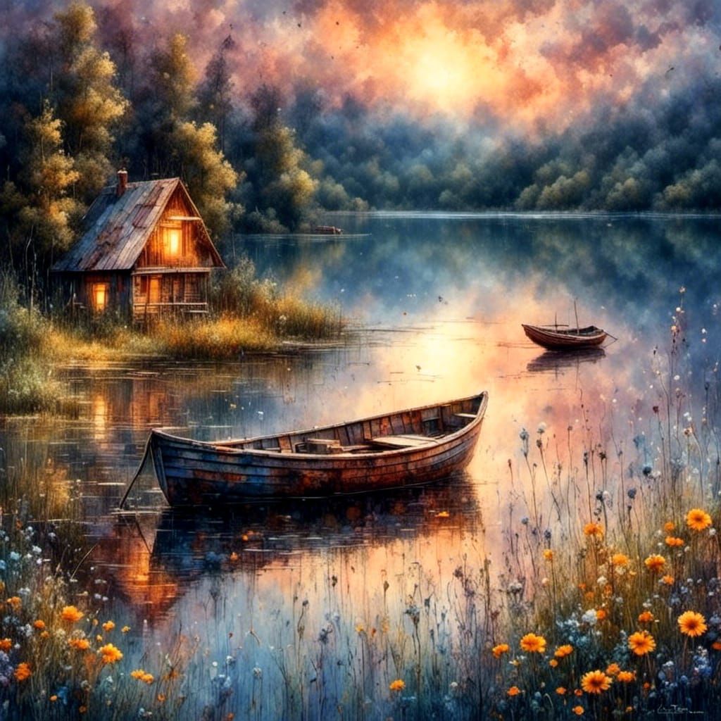 Moonrise Over Conesus Lake Watercolor Painting