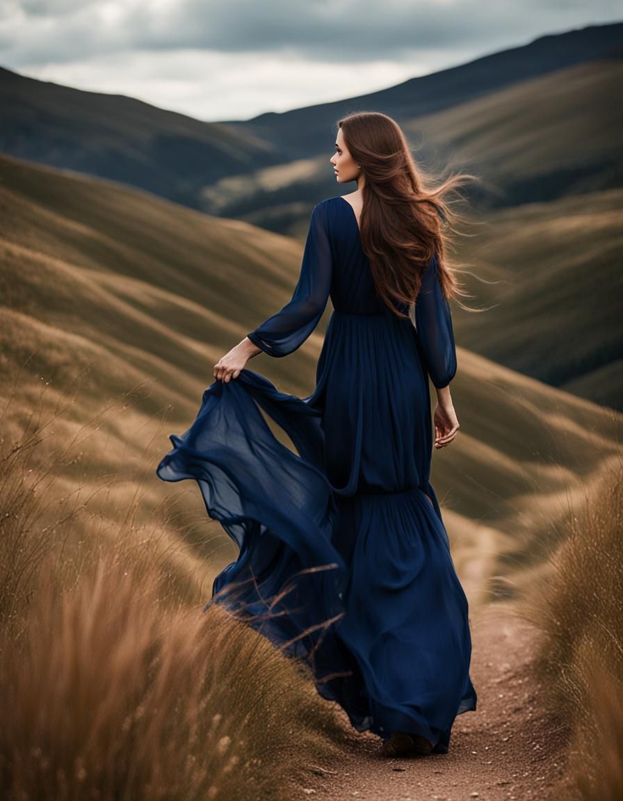 Beautiful Woman with Long Hair on Hills