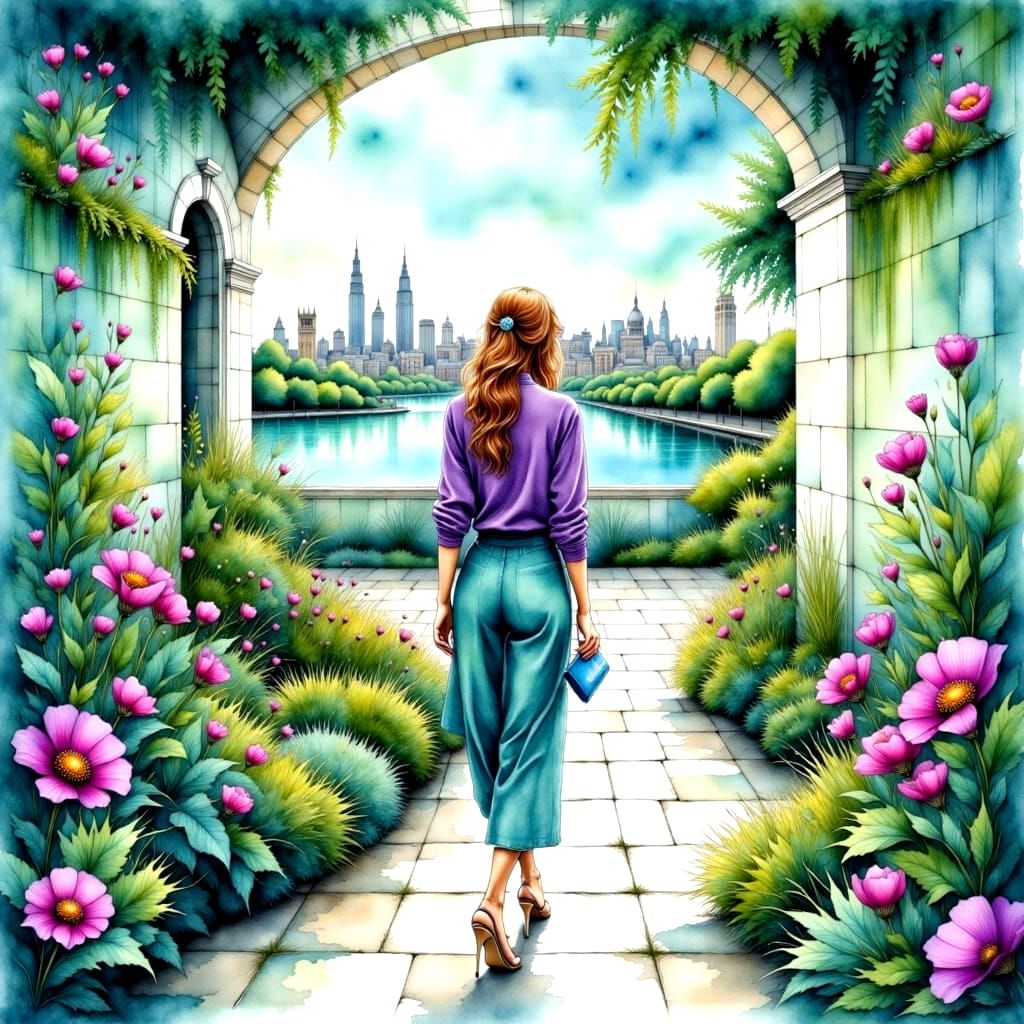 Woman Walks to City in Liquid Ink Watercolor